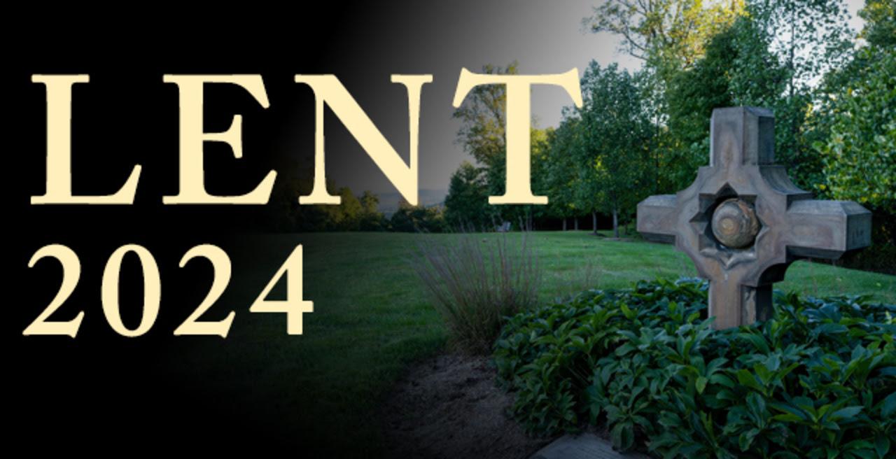 An image of a concrete cross sculpture installed in an outdoor garden. The words 