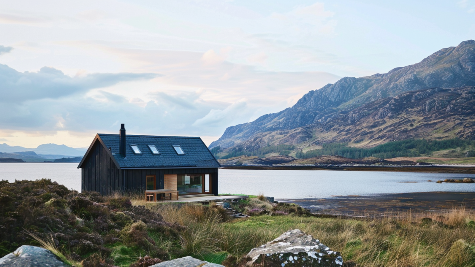 A coastal cabin with a view of the mountains in Scotland
