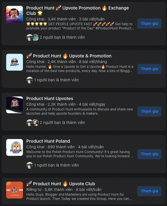 Các cộng đồng Product Hunt Upvote trên Facebook