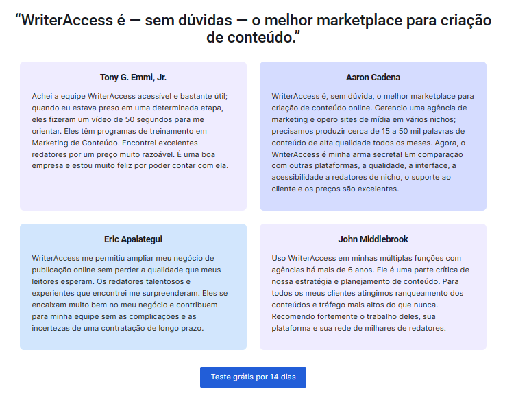 Exemplo de depoimentos de clientes sobre ferramenta WriterAccess para convencer a testar grátis por 14 dias