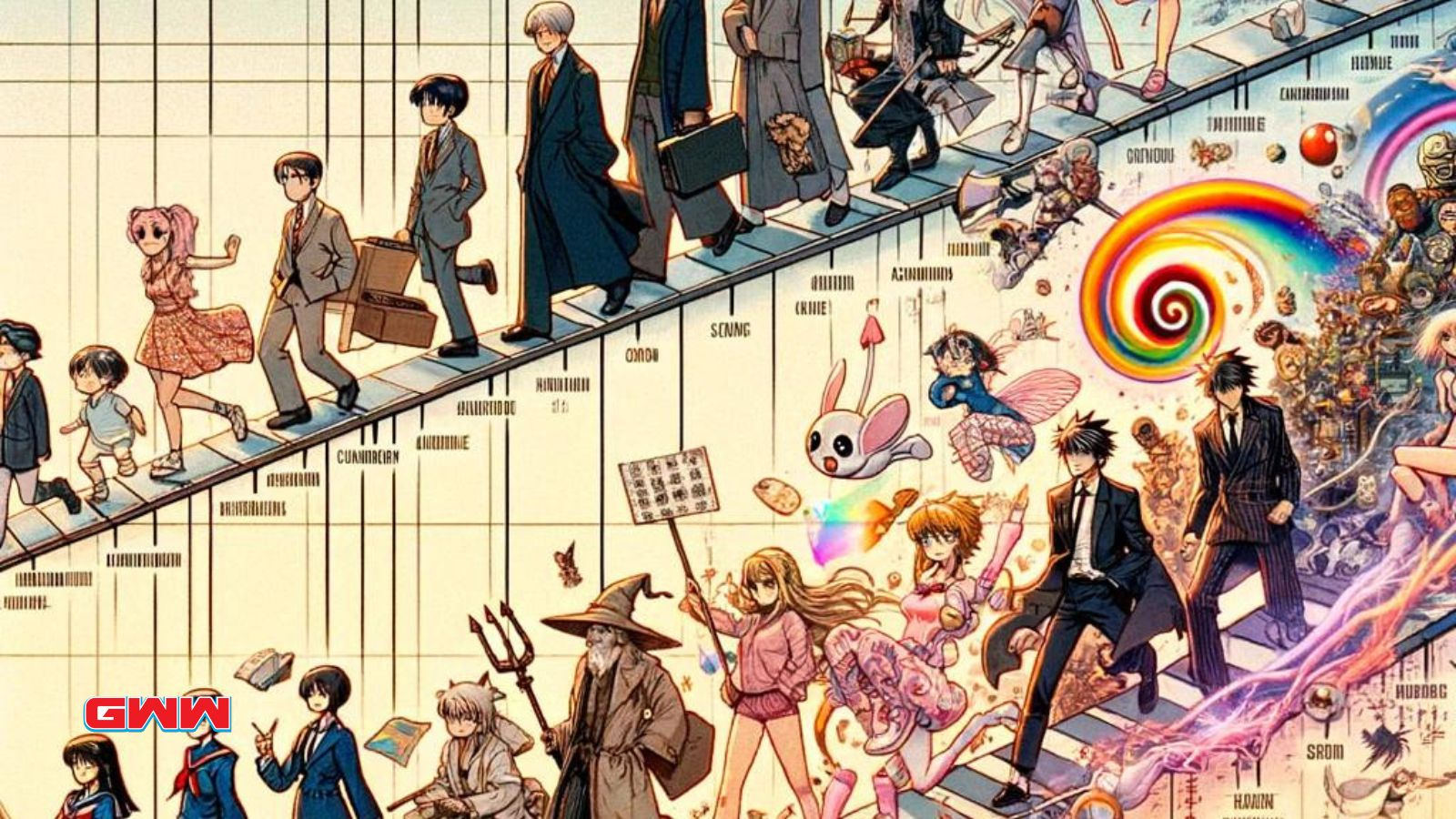 Anime GIF history timeline with evolving characters