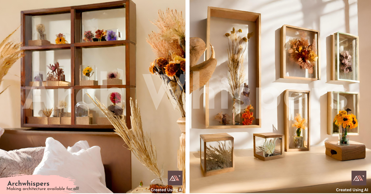 Serene Bedroom Featuring Bed & Rare Dried Flower Shadow Boxes
