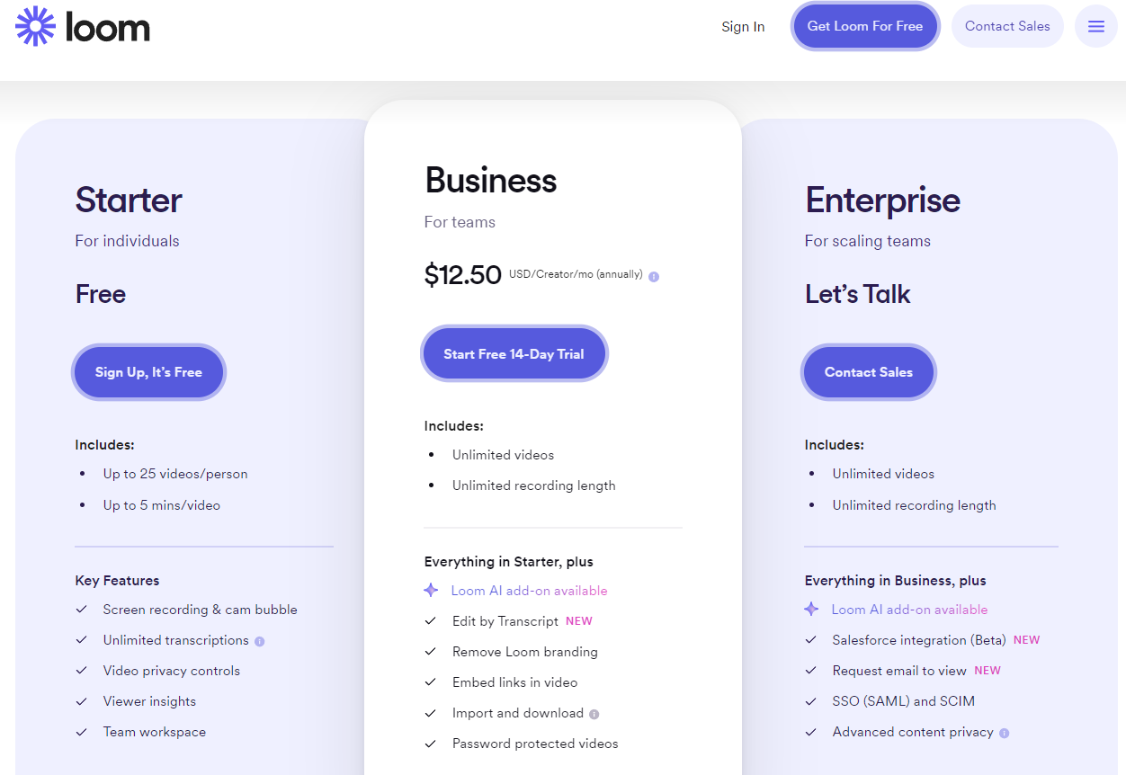 Pricing Plans for Loom