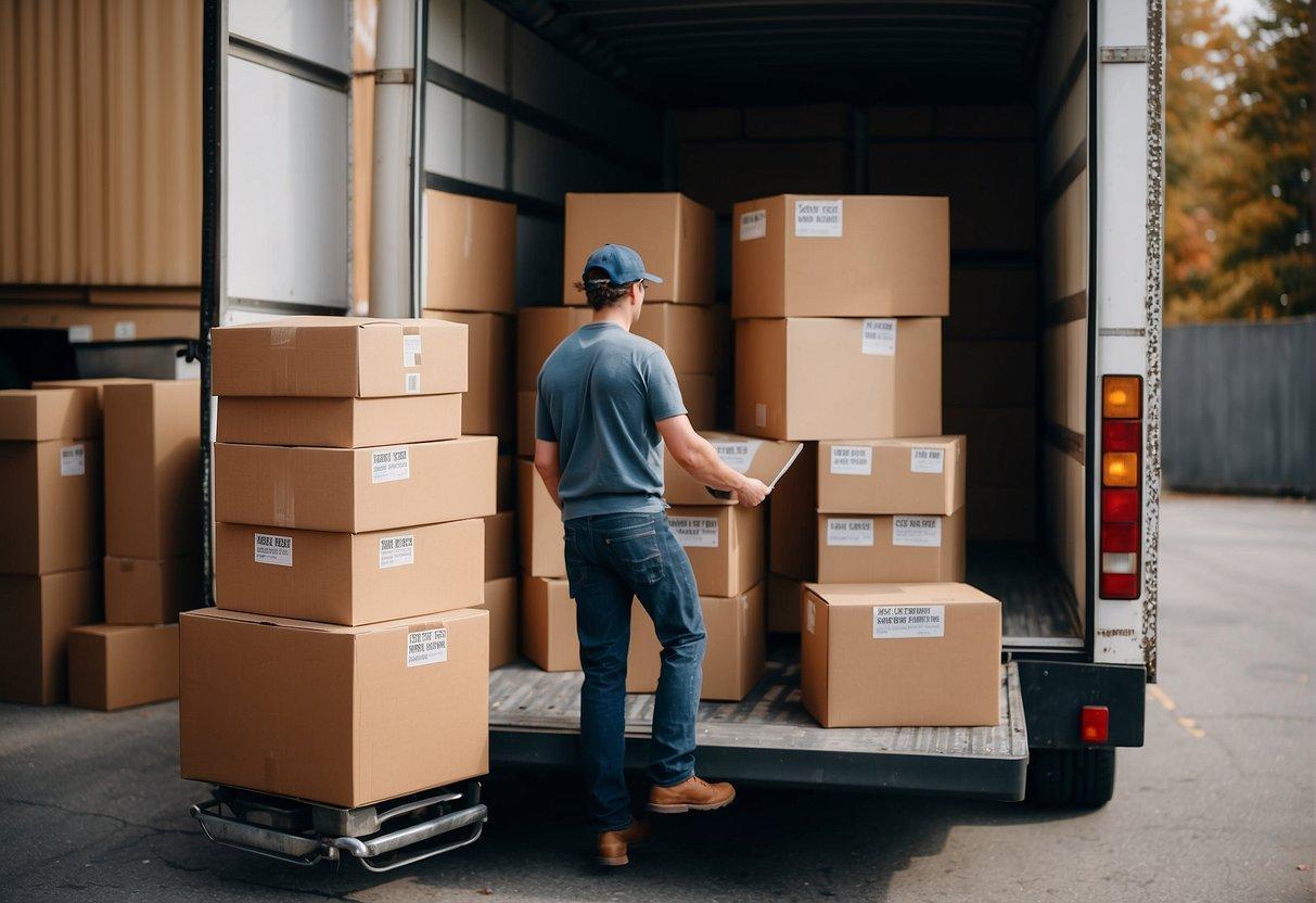 Boxes labeled with room names stacked in a moving truck. Movers loading furniture onto a ramp. Moving checklist and map on a clipboard