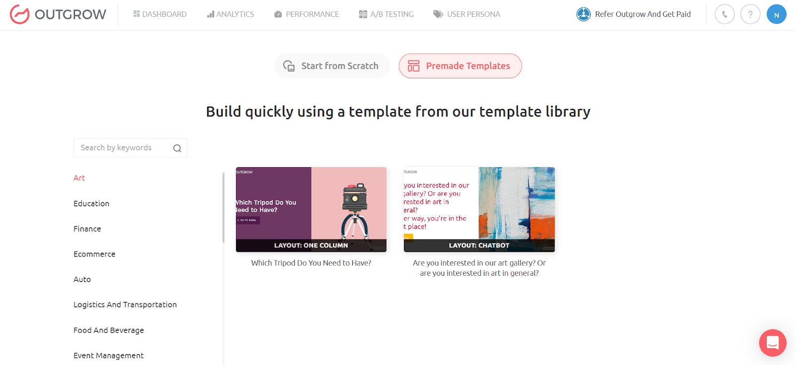 Template selection in Outgrow's dashboard