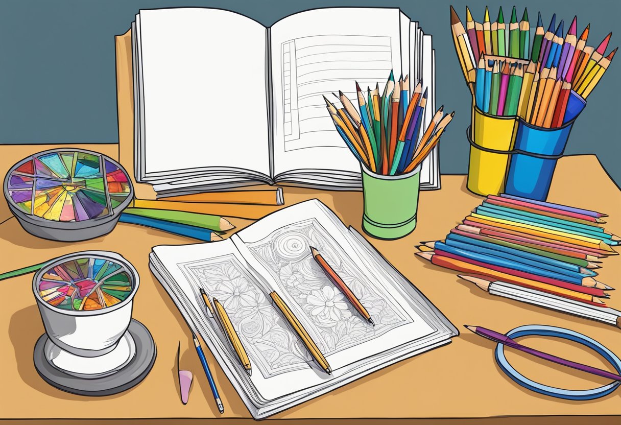 A table with art supplies, blank pages, and a finished coloring book page for reference