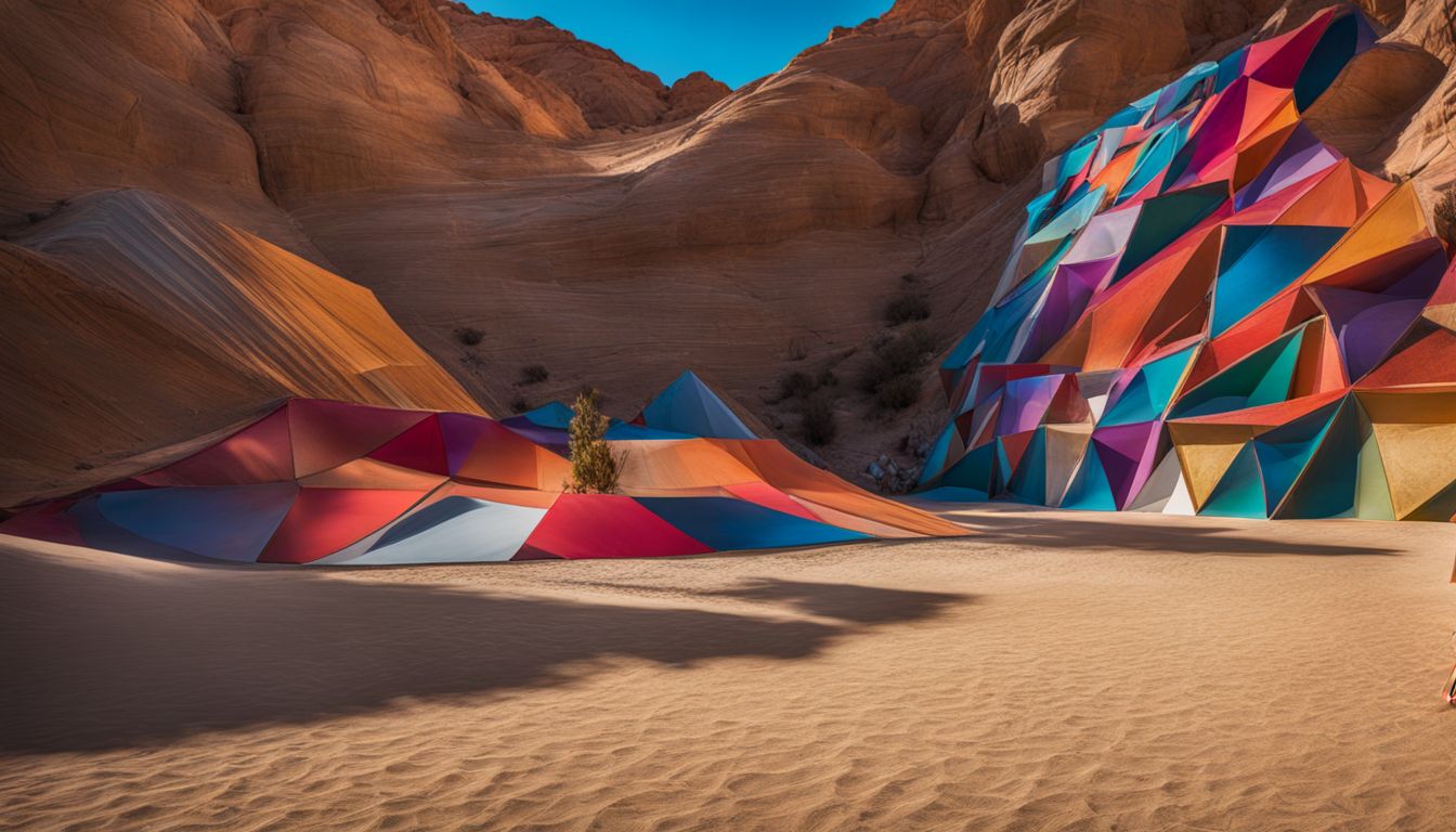 Vibrant desert art installations with diverse faces and styles.