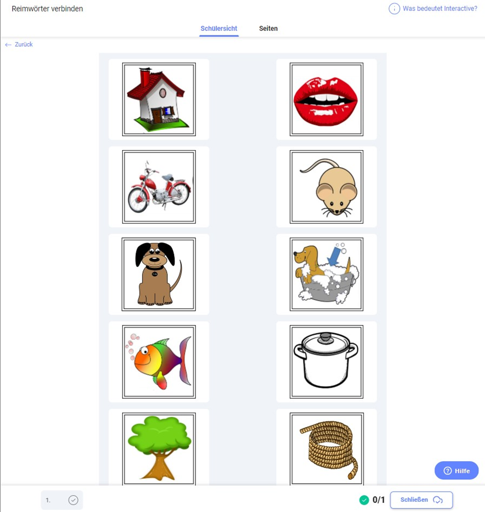 Eduki Interactive mit dem Titel 'Reimwörter verbinden'. Die Aufgabe zeigt acht verschiedene Bilder, die paarweise Reime bilden sollen: ein Haus, rote Lippen, ein Motorrad, eine Maus, ein Hund, ein Hund in einem Schaumbad, ein Fisch und ein Topf. Darunter befindet sich ein weiteres Bild eines Baumes neben einem Seil, die ebenfalls ein Reimpaar bilden könnten. Die Bilder sind klar und farbenfroh und sollen Kindern dabei helfen, Wörter zu finden, die sich reimen. Am unteren Rand gibt es einen Fortschrittskreis, einen 'Hilfe'-Button und einen Button zum Schließen der Aufgabe.
