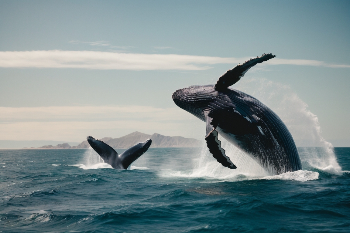 Humpback whales breaching near the coast of Los Cabos, with a yacht in the background.
