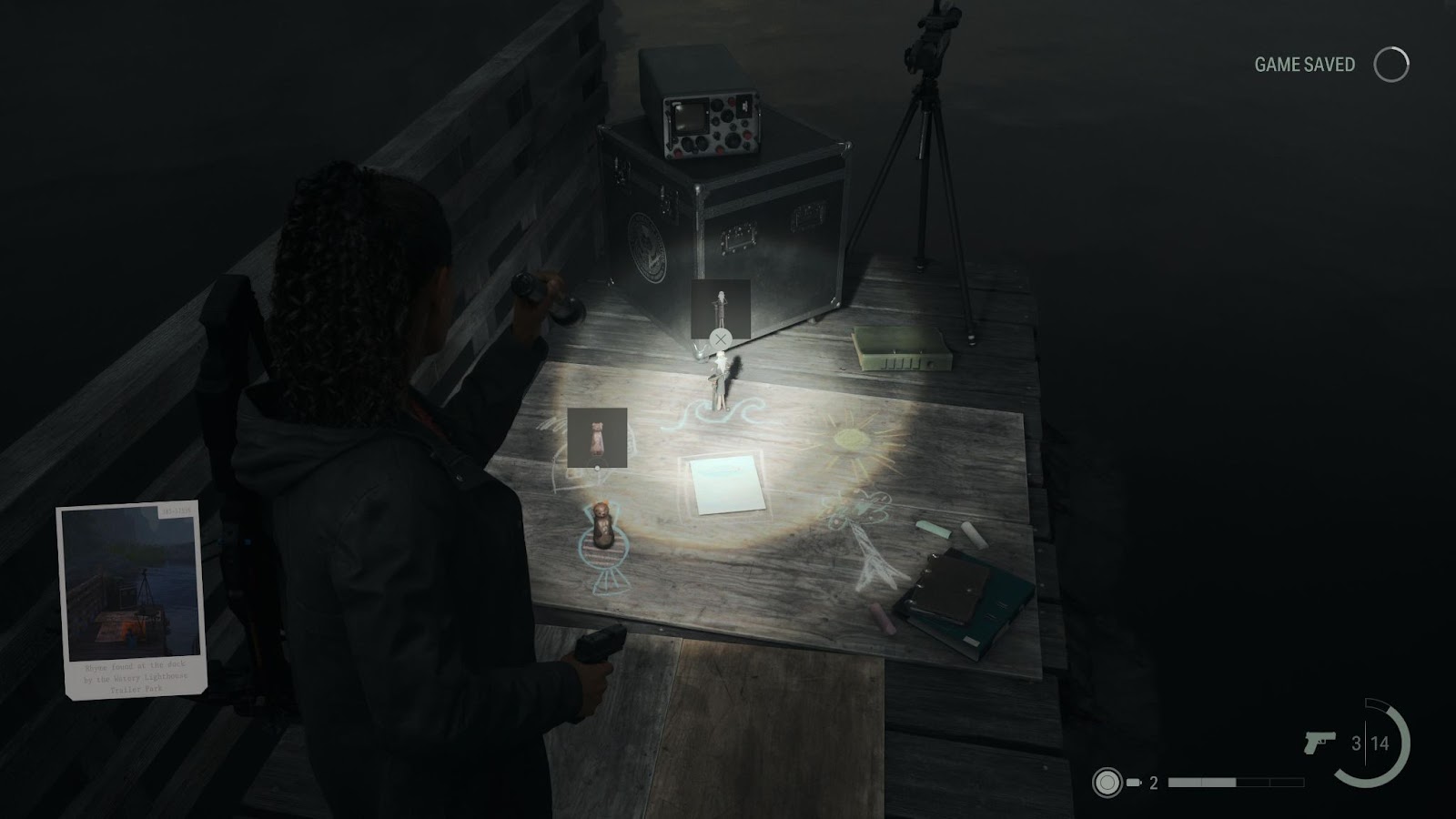 An in game screenshot of the Lighthouse Trailer Park nursery rhyme  in Alan Wake 2. 