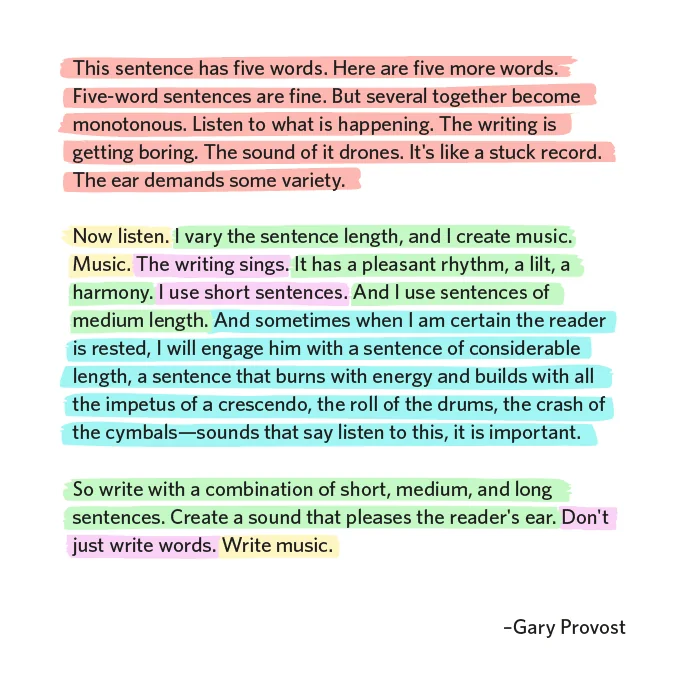 A classic piece of writing about writing from Gary Provost. It is color-coded for visual effect, but the text communicates the idea on its own, too. The text is: "This sentence has five words. Here are five more words. Five-word sentences are fine. But several together become monotonous. Listen to what is happening. The writing is getting boring. The sound of it drones. It’s like a stuck record. The ear demands some variety. Now listen. I vary the sentence length, and I create music. Music. The writing sings. It has a pleasant rhythm, a lilt, a harmony. I use short sentences. And I use sentences of medium length. And sometimes when I am certain the reader is rested, I will engage him with a sentence of considerable length, a sentence that burns with energy and builds with all the impetus of a crescendo, the roll of the drums, the crash of the cymbals—sounds that say listen to this, it is important. So write with a combination of short, medium, and long sentences. Create a sound that pleases the reader’s ear. Don’t just write words. Write music."