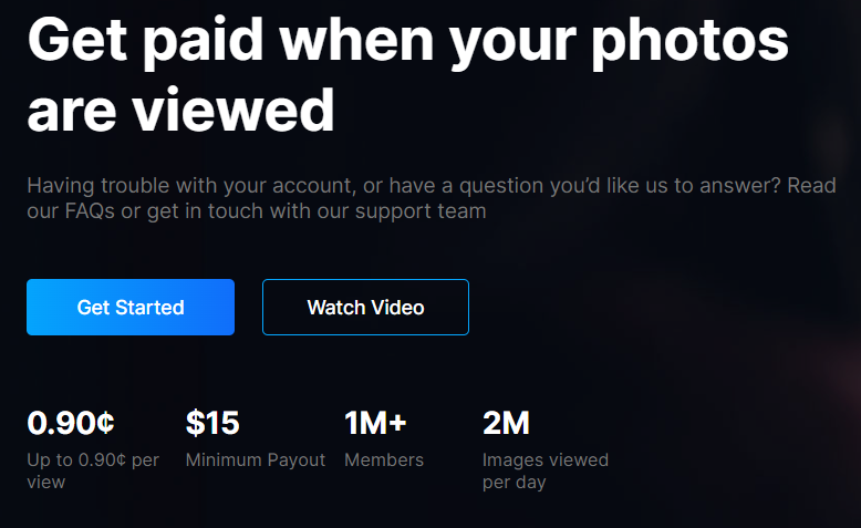 Some stats on the ClickaSnap website, including 0.90 cent per view pay, $15 minimum for payout, membership of over 1 million, and 2 million images viewed per day. 