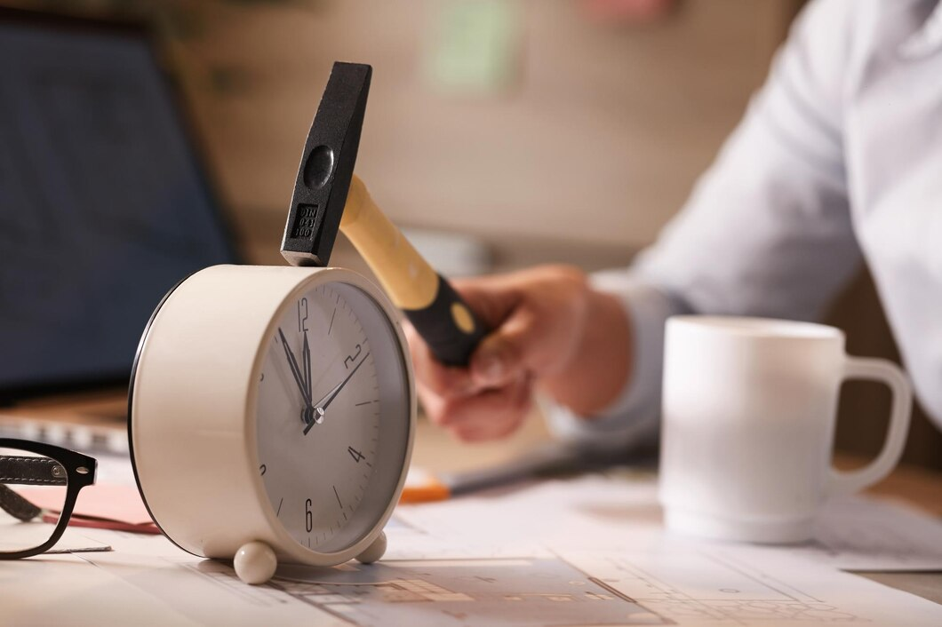 A person hitting a clock on her desk, highlighting the urgency of time management.