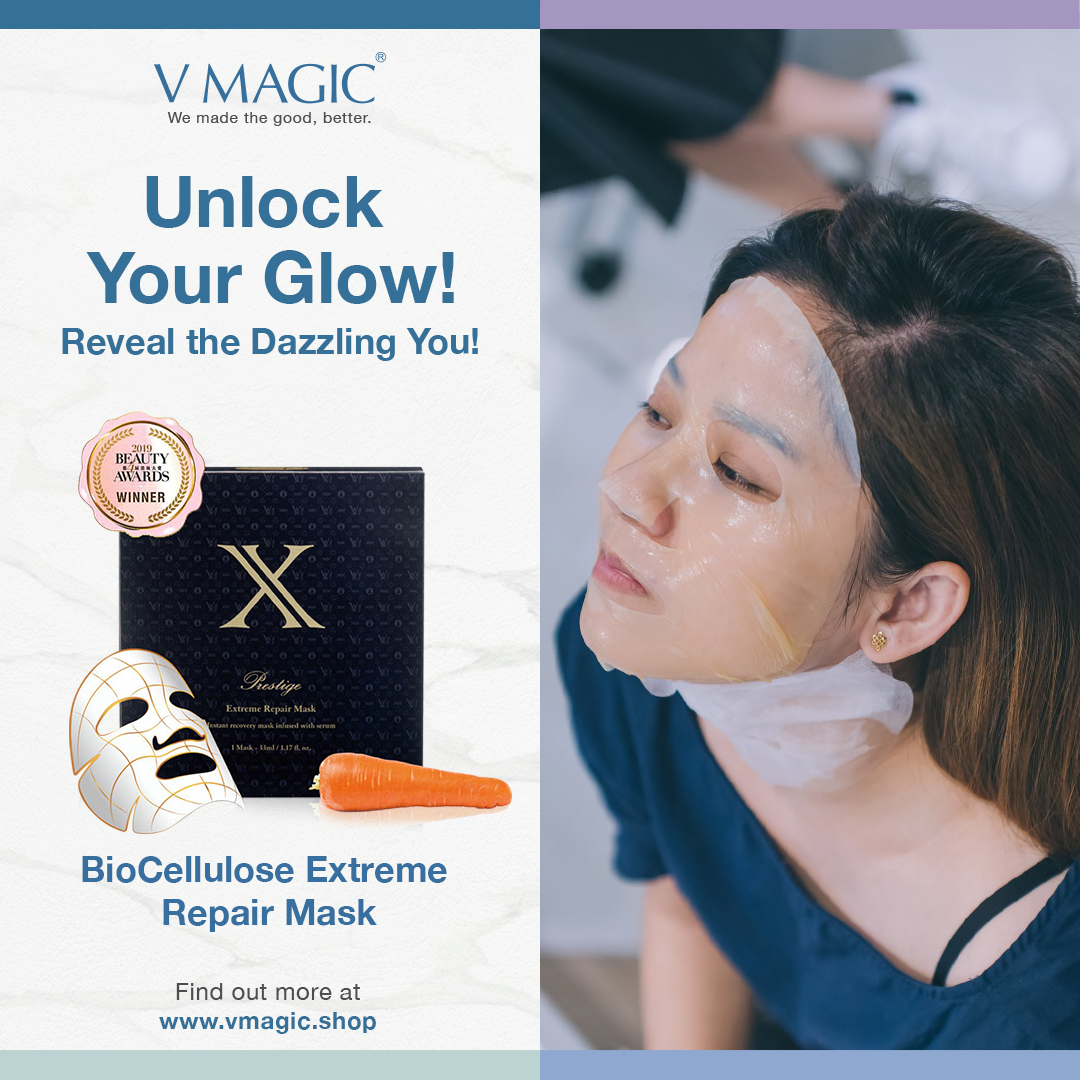 An image of a girl with a BioCellulose Extreme Repair mask so you can unlock the glow and reveal the dazzling you. 