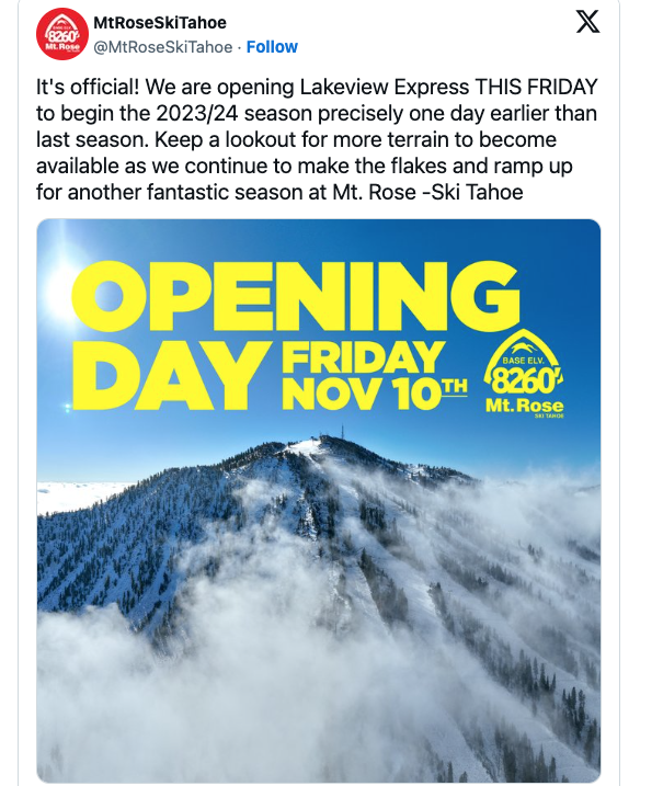 Image of clouds in front of a snow mountain with text about the opening day of ski season 2023.