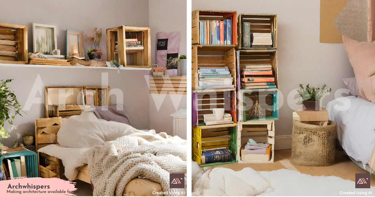 Stylish Bedroom With Repurposed Crate Bookshelves