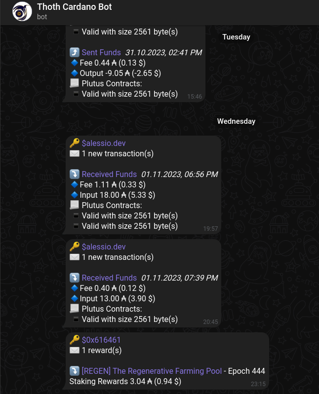 Thoth Cardano Bot keeps an eye on wallets for you