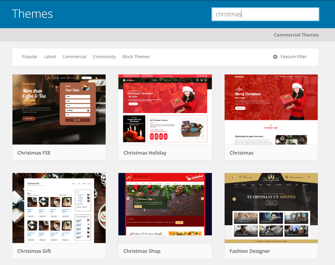 Screenshot of special WordPress holiday themes, an easy way to keep your site festive.