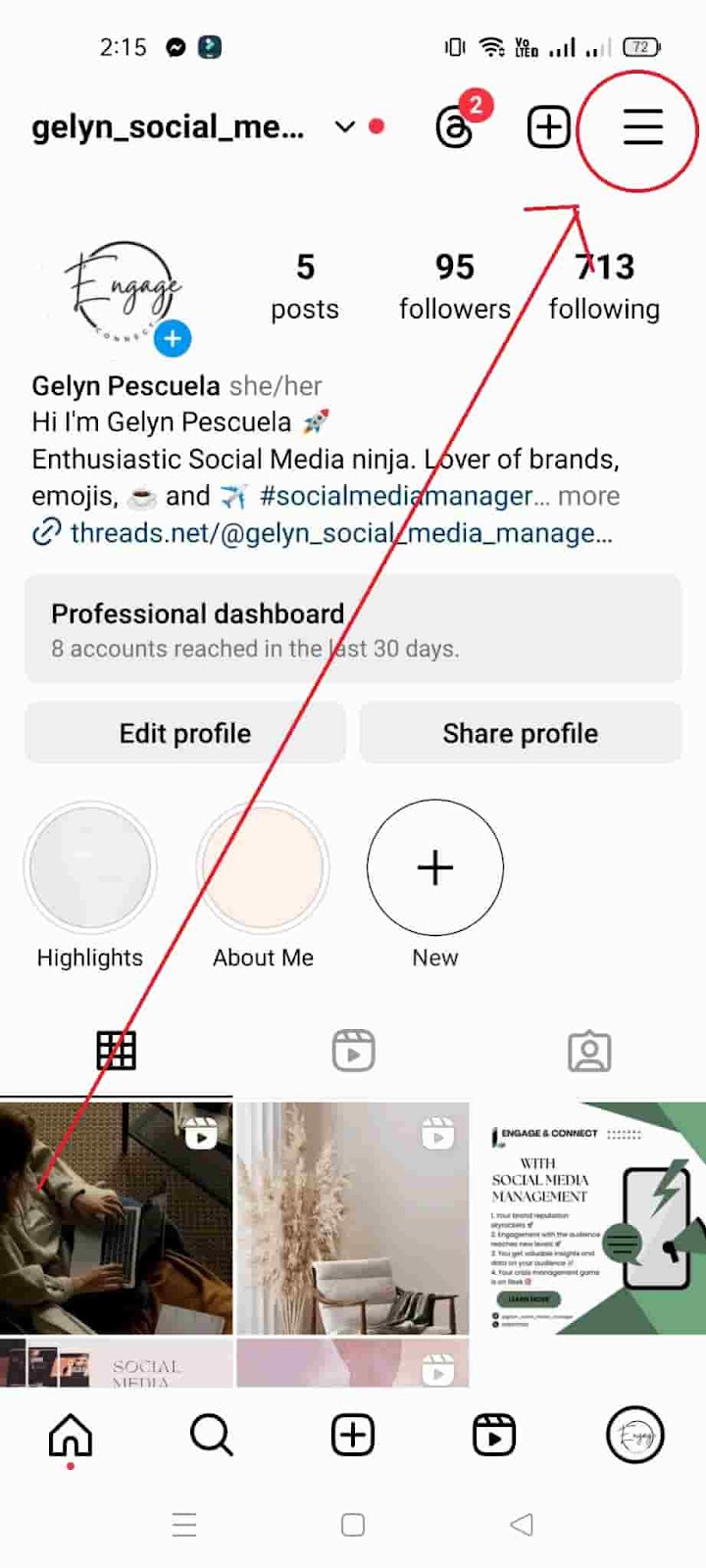 How to Turn off an Instagram Business Account - Click Three Horizontal Line