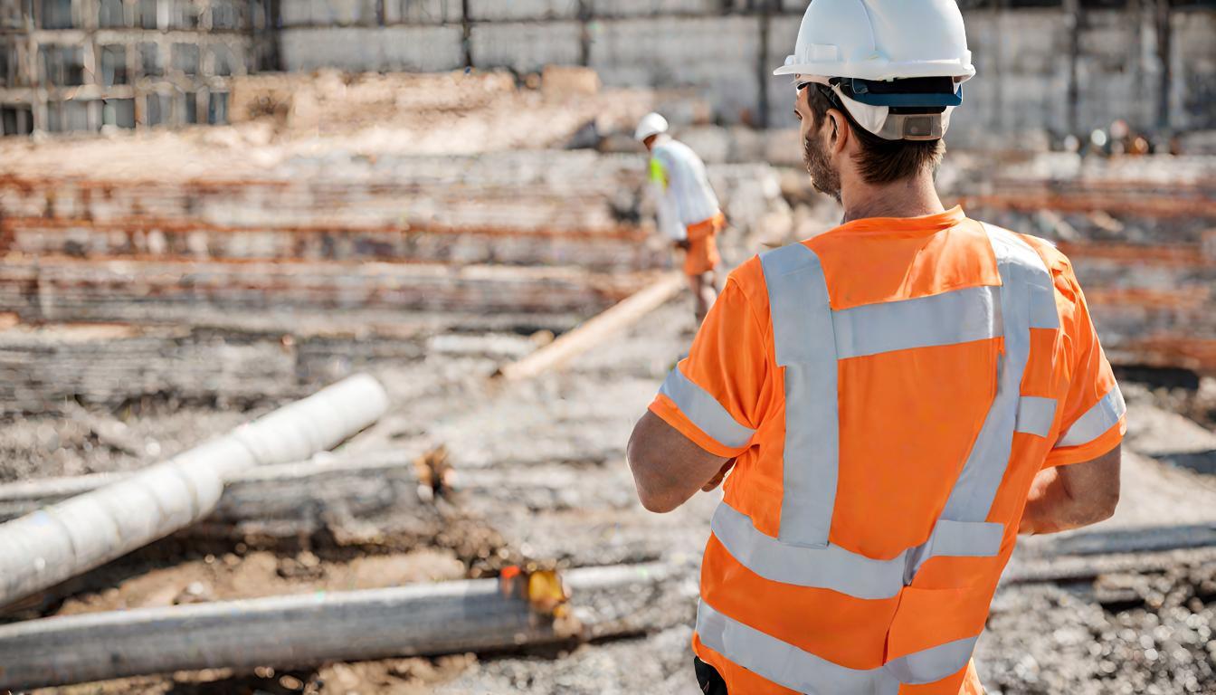 A person in orange vest and white hardhats looking at a construction site

Description automatically generated