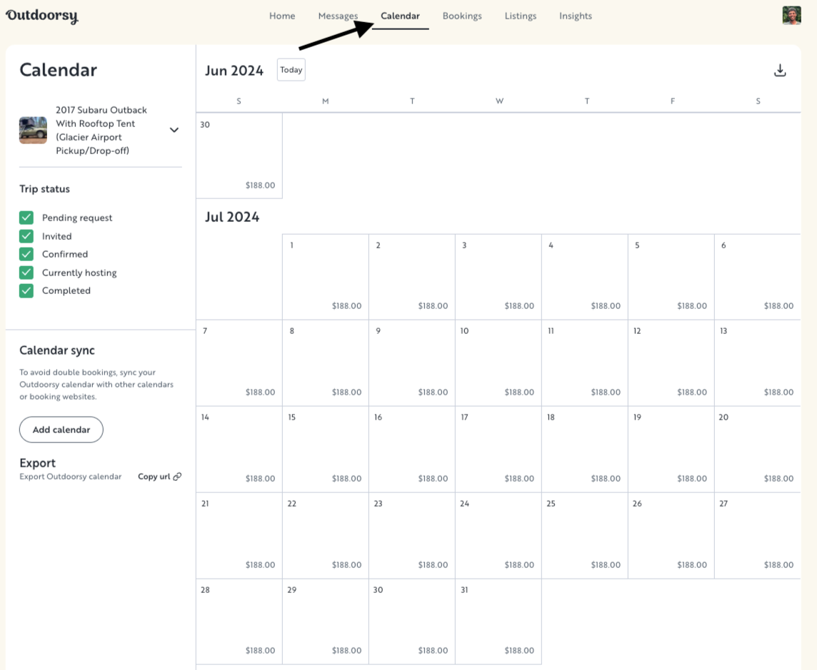 Calendar tool tab