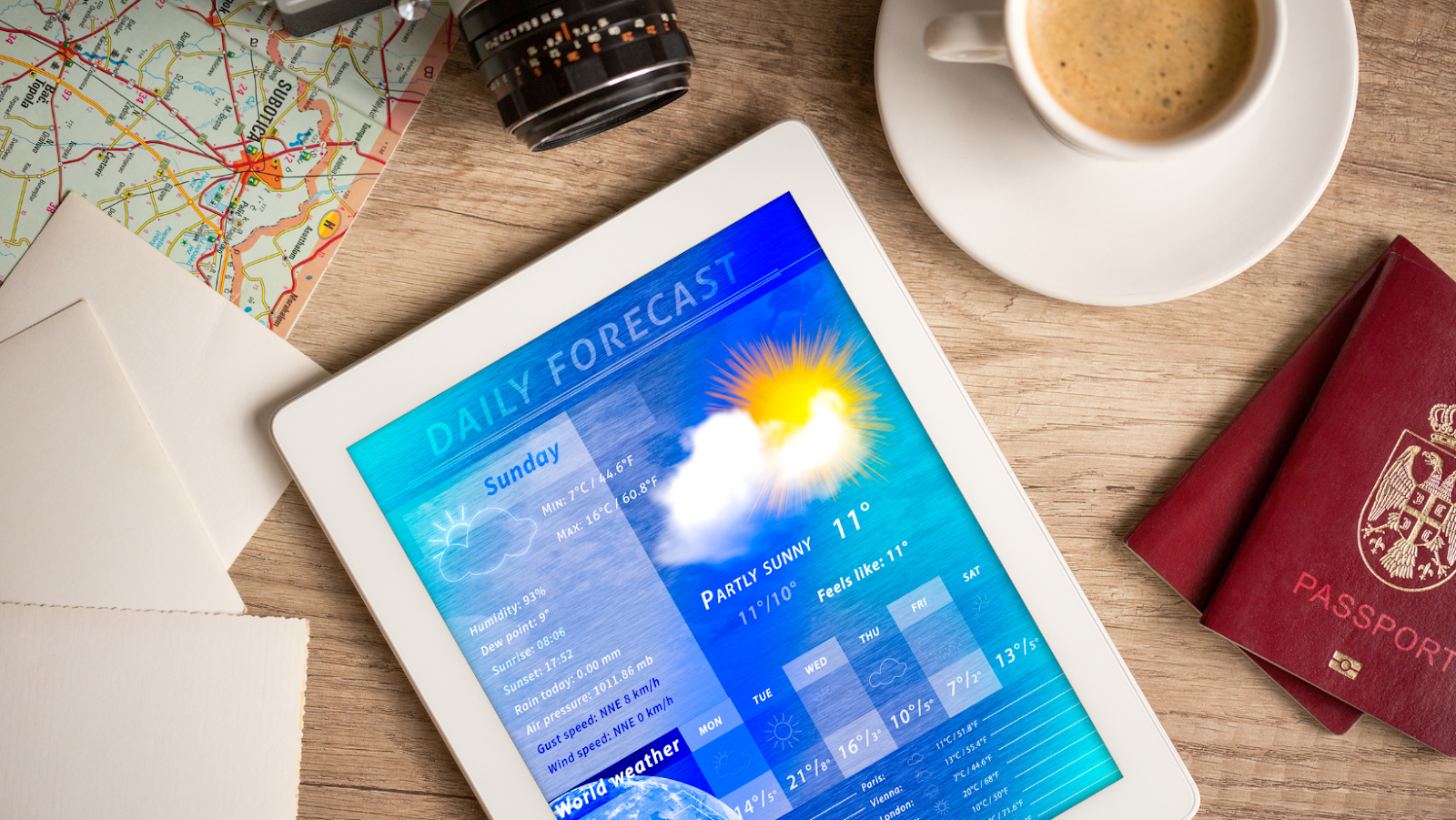 A weather app opened on a tablet