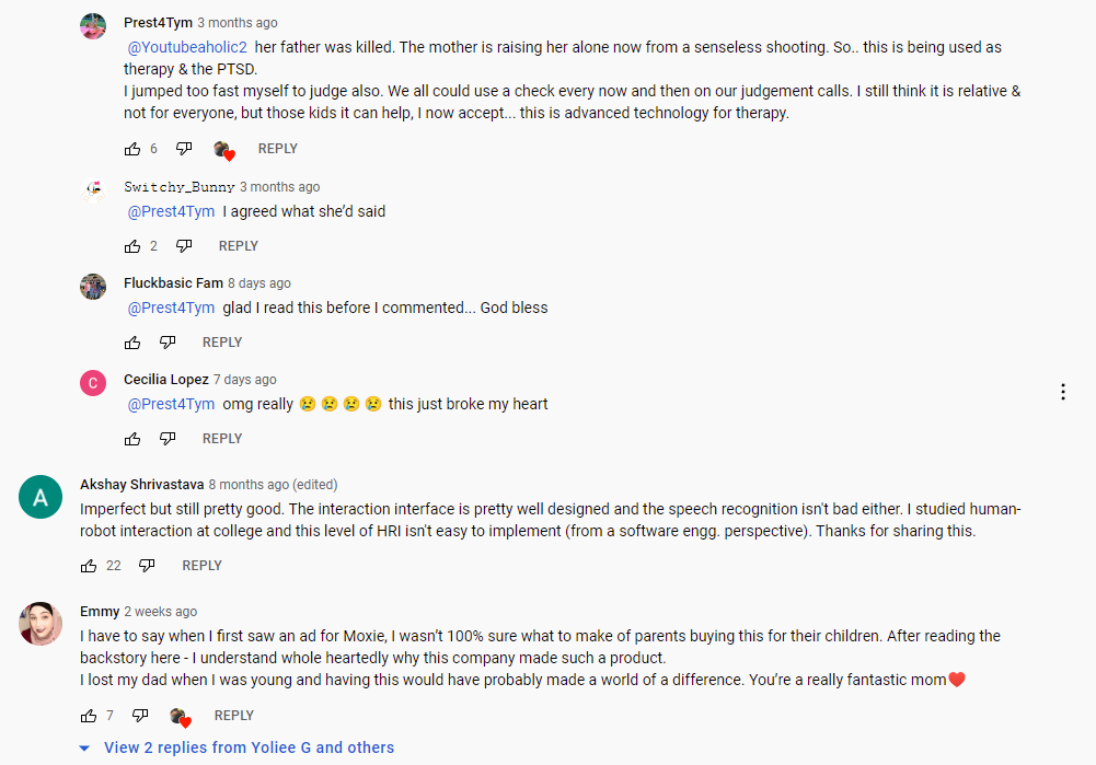 An image of comments from a YouTube thread supporting a parent's use of Moxie for their child who experienced a traumatic death