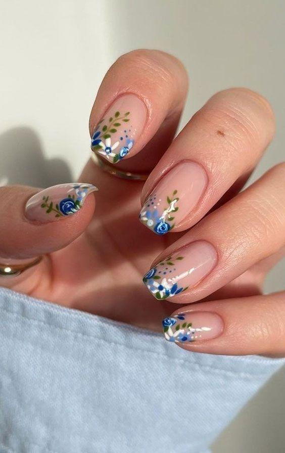 Tipped In Blue Blossoms nails