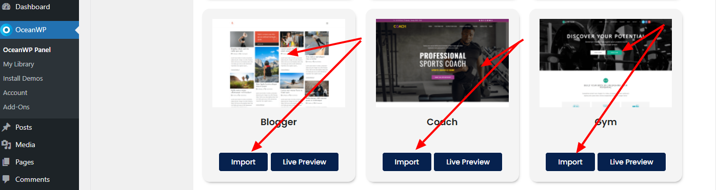 Import demos  in OceanWP WordPress Theme