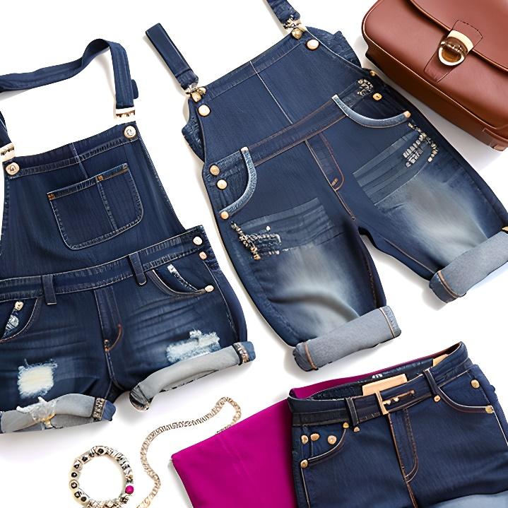 A group of denim overalls and a purse

Description automatically generated