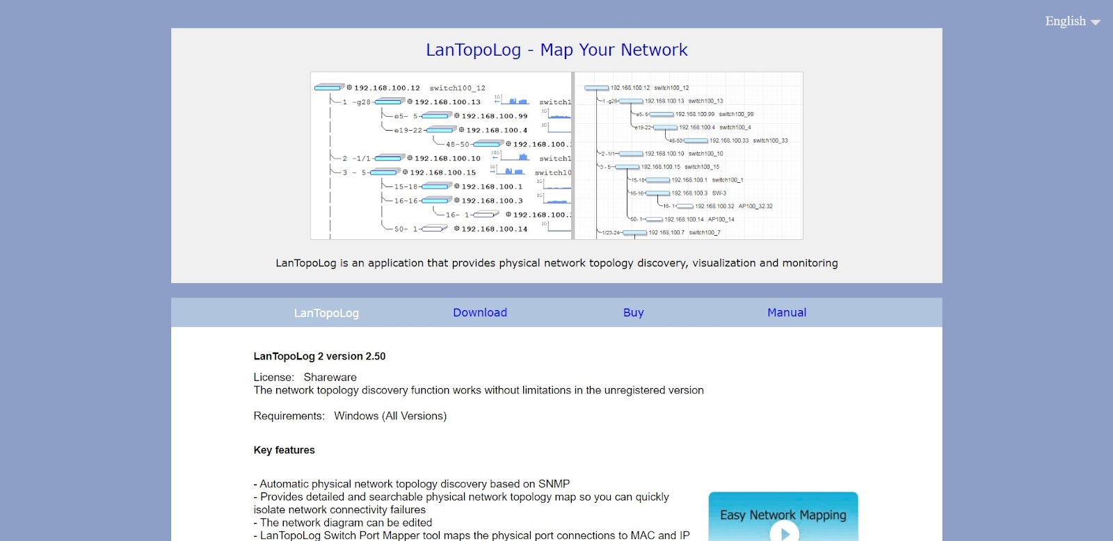 A screenshot of LANTopoLog's website