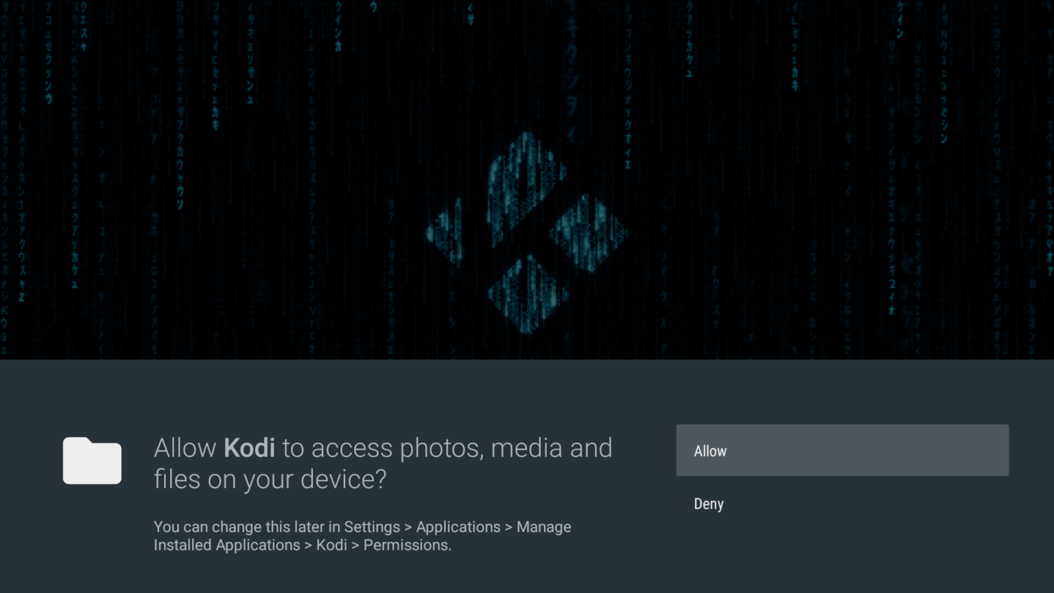 Capture d'écran de la page des permissions de Kodi