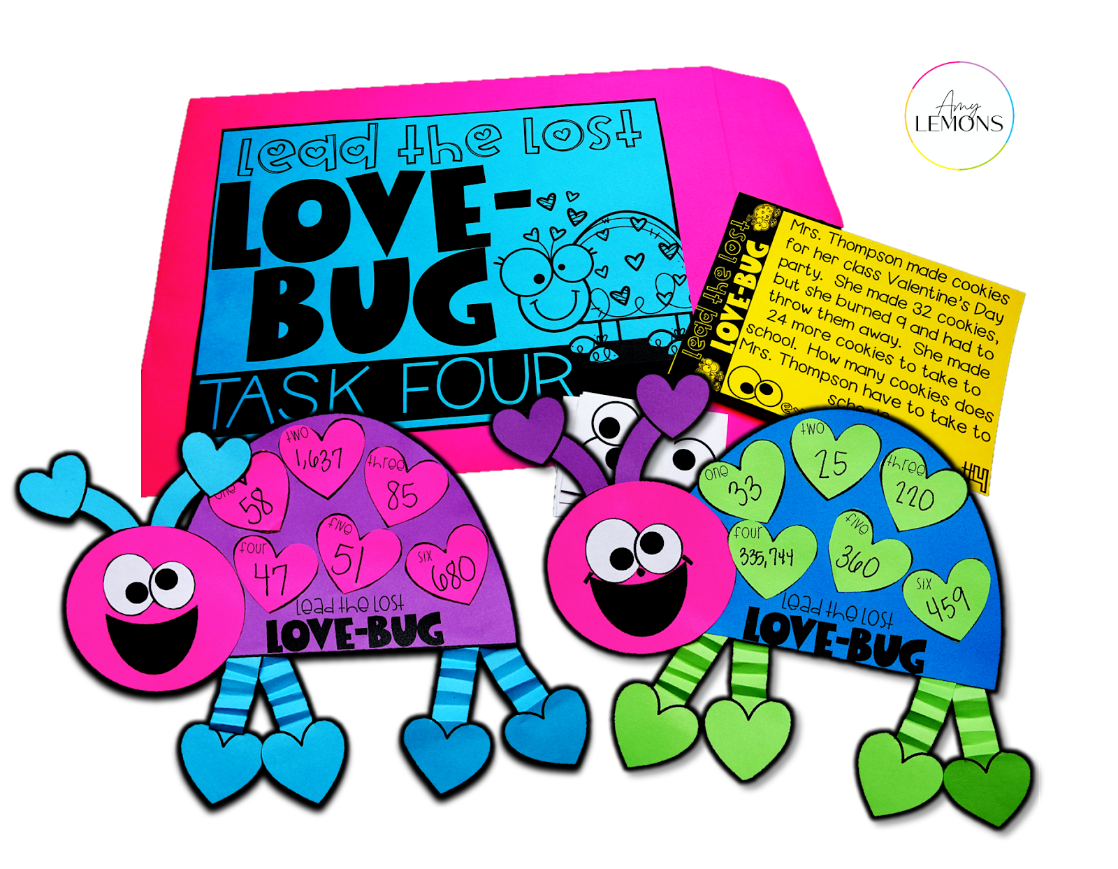 Bugs with heart shapes for a Valentine's Day math activity called Solve to Create. Students solve word problems to earn a piece of a Love Bug craft.