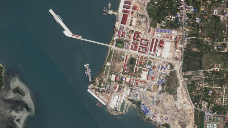 This satellite photo taken by Planet Labs PBC shows two Chinese corvettes docked at the Ream Naval Base on the Gulf of Thailand on Wednesday, May 8, 2024. Cambodia's Defense Ministry insisted Wednesda