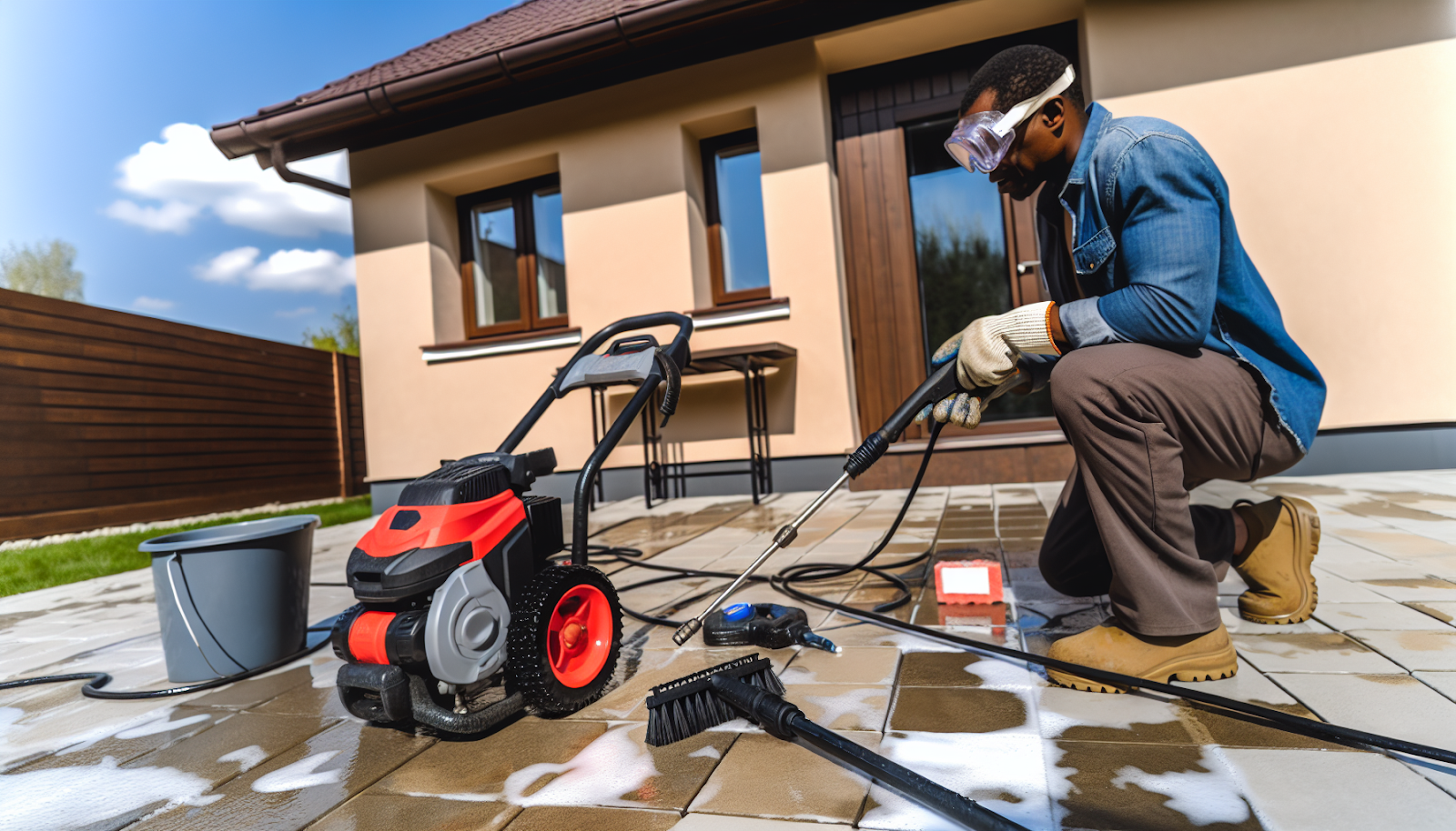 Setting up a pressure washer for patio cleaning