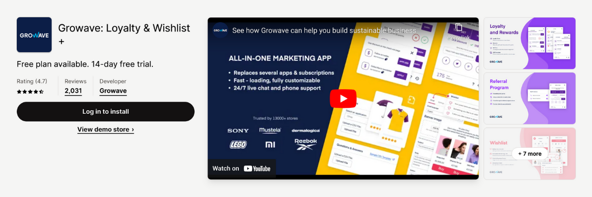 shopify app store listing page of Growave: Loyalty & Wishlist +