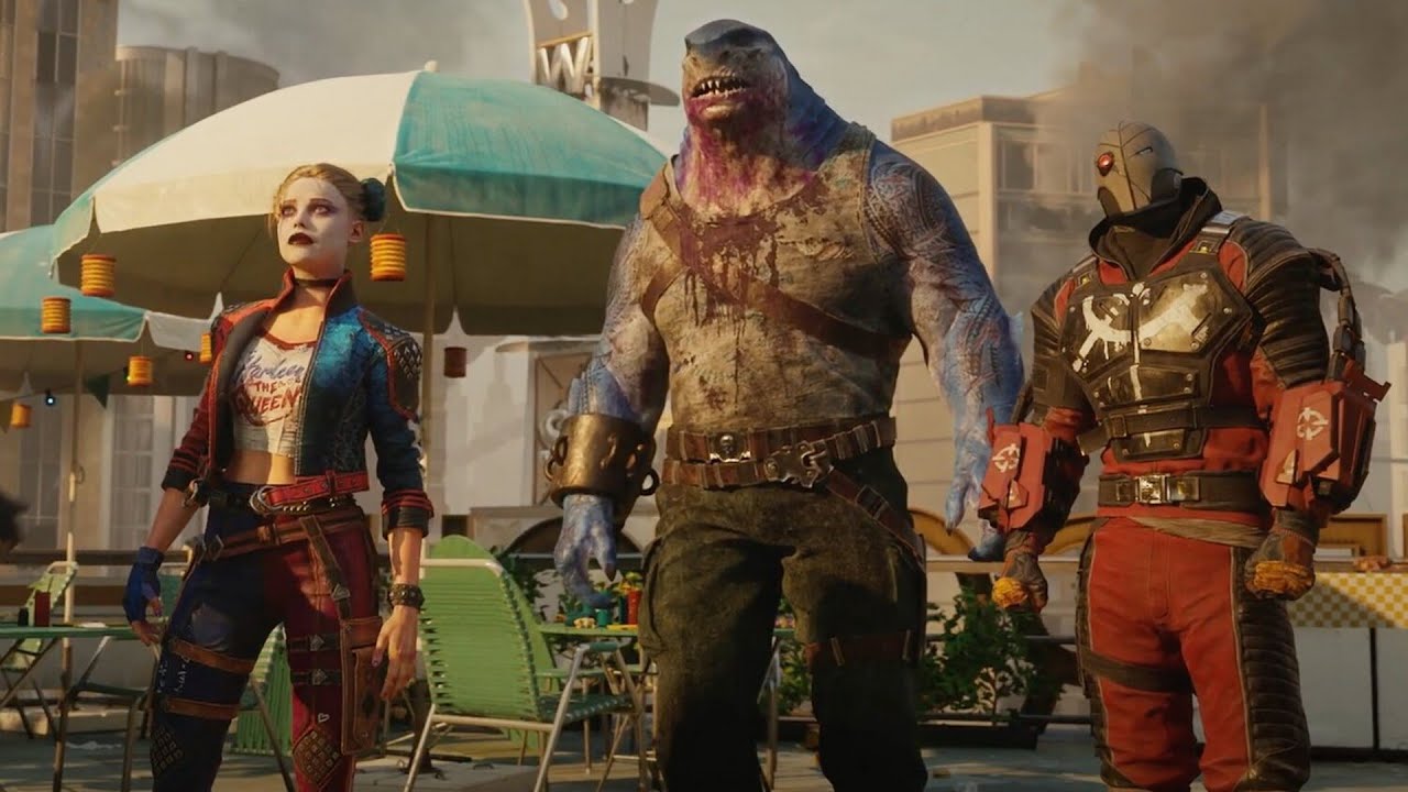 A screenshot of Harley Quinn, King Shark and Deadshot from the game Suicide Squad: Kill the Justice League. 