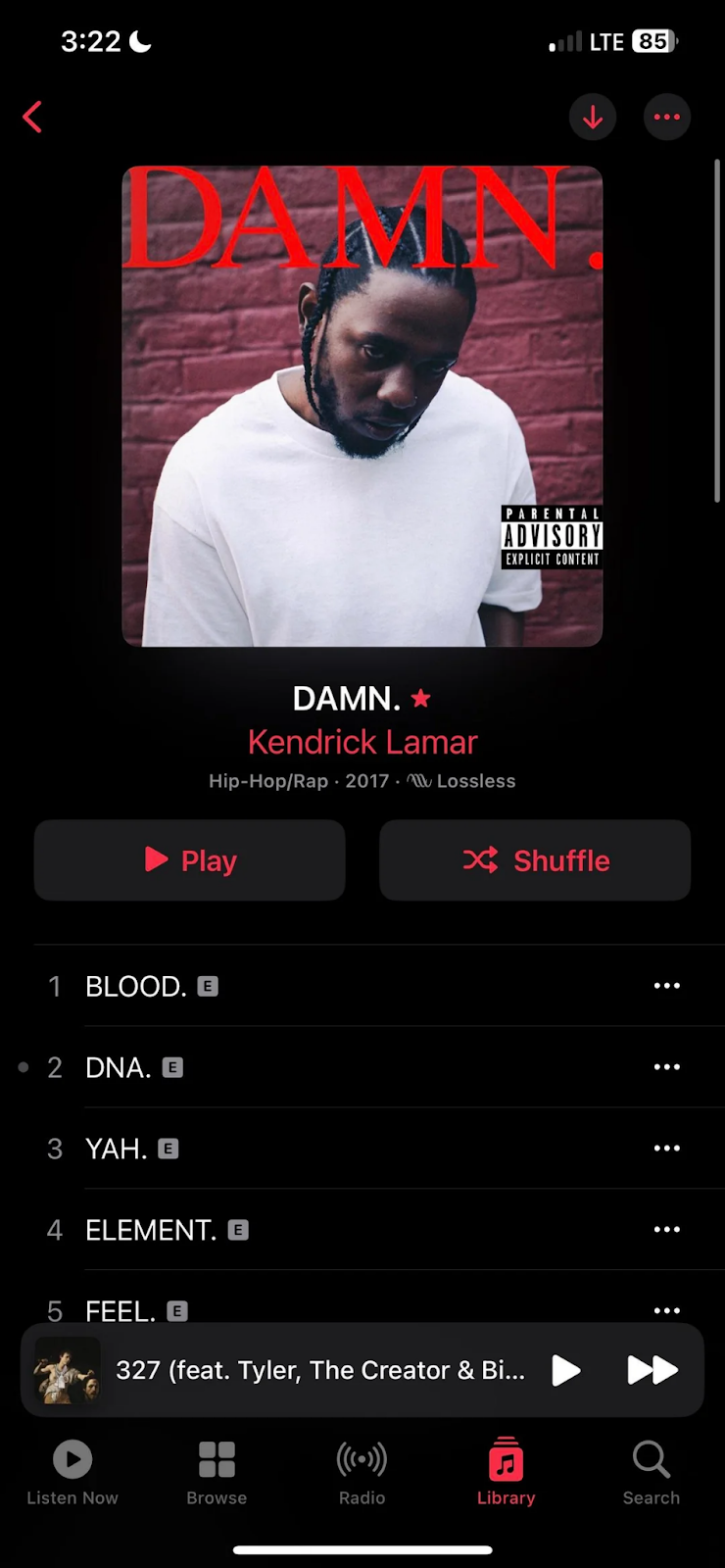 Apple Music screenshot of the DAMN. by Kendrick Lamar album page, there’s a red star icon near the album name