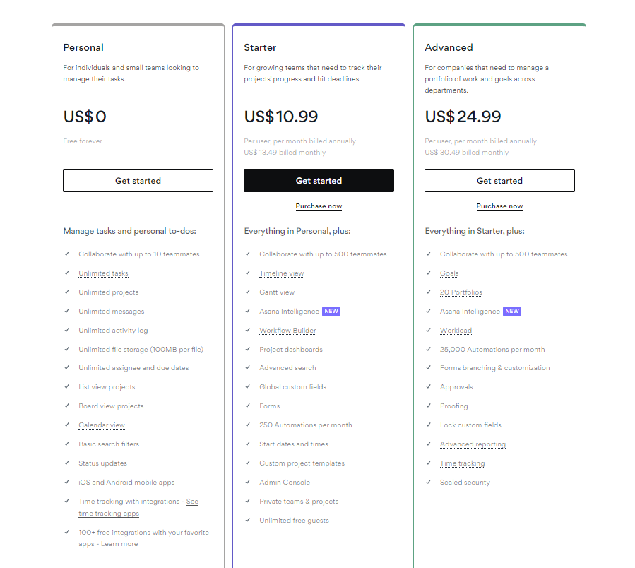 Pricing Plans for Asana