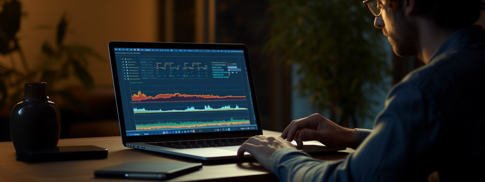 a person typing on a laptop with a website open, showing a graph of increasing search engine rankings.