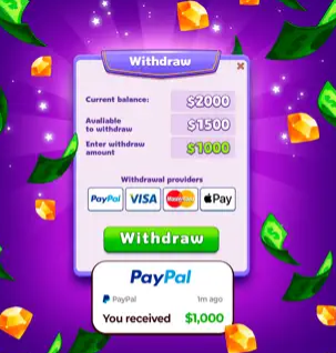 A colorful Solitaire Smash withdraw screen showing a $1,000 PayPal payout. 