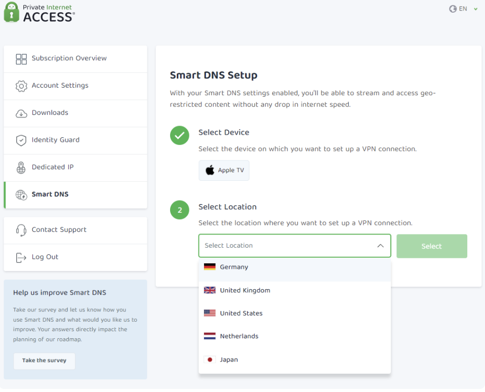 PIA Smart DNS settings menu and account settings bar