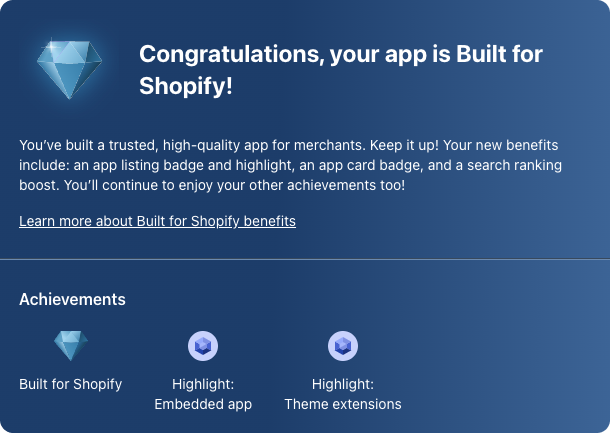 The graphic Shopify sends Apps to inform them that their app now has the "Built For Shopify" Status