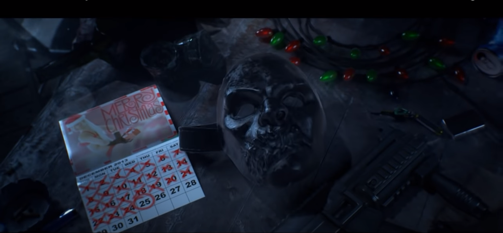 A screenshot of Christmas decorations and a criminals mask from the Batman: Arkham Origins trailer.