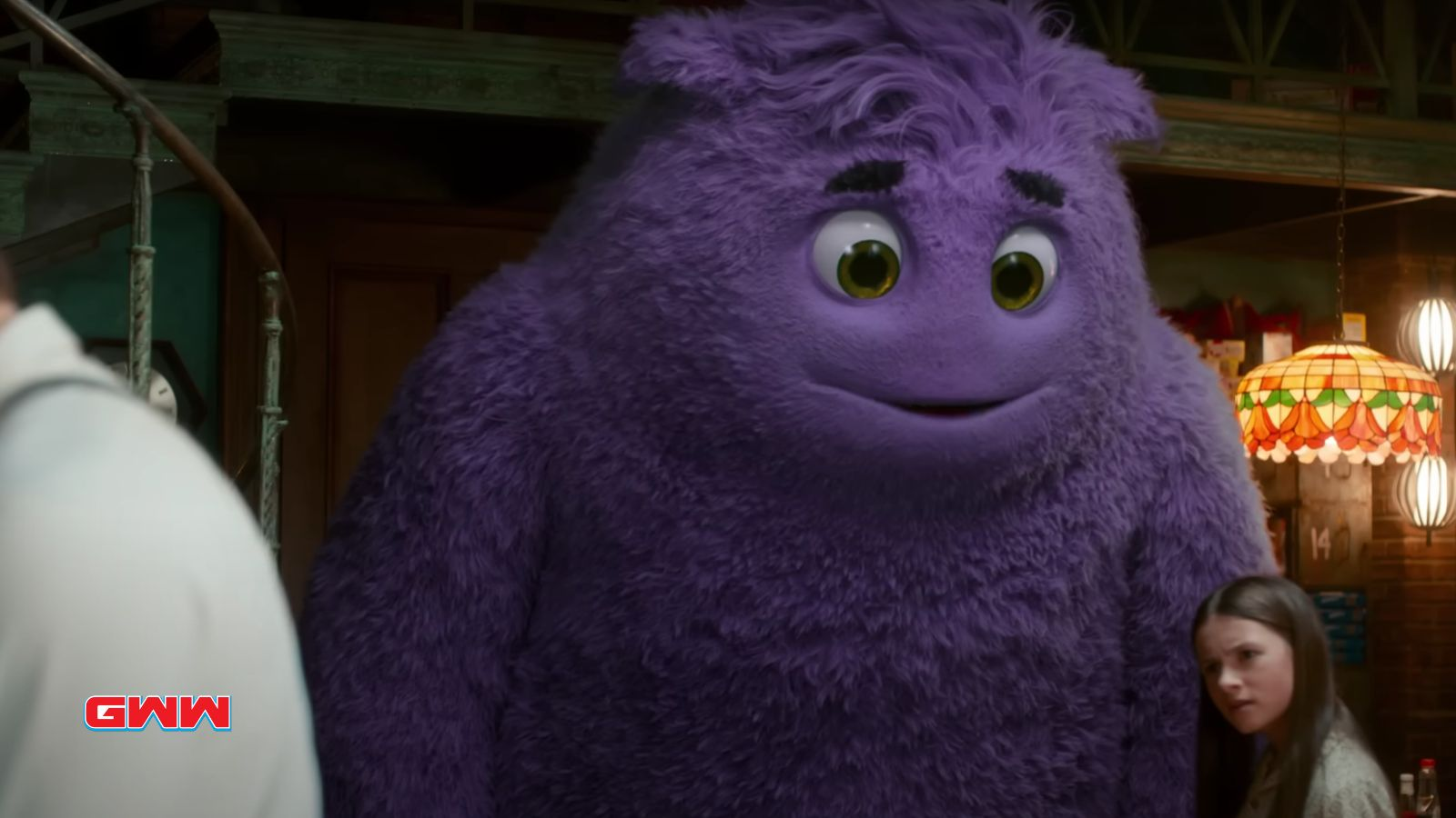 Blue, a giant, purple, furry imaginary friend in IF movie trailer