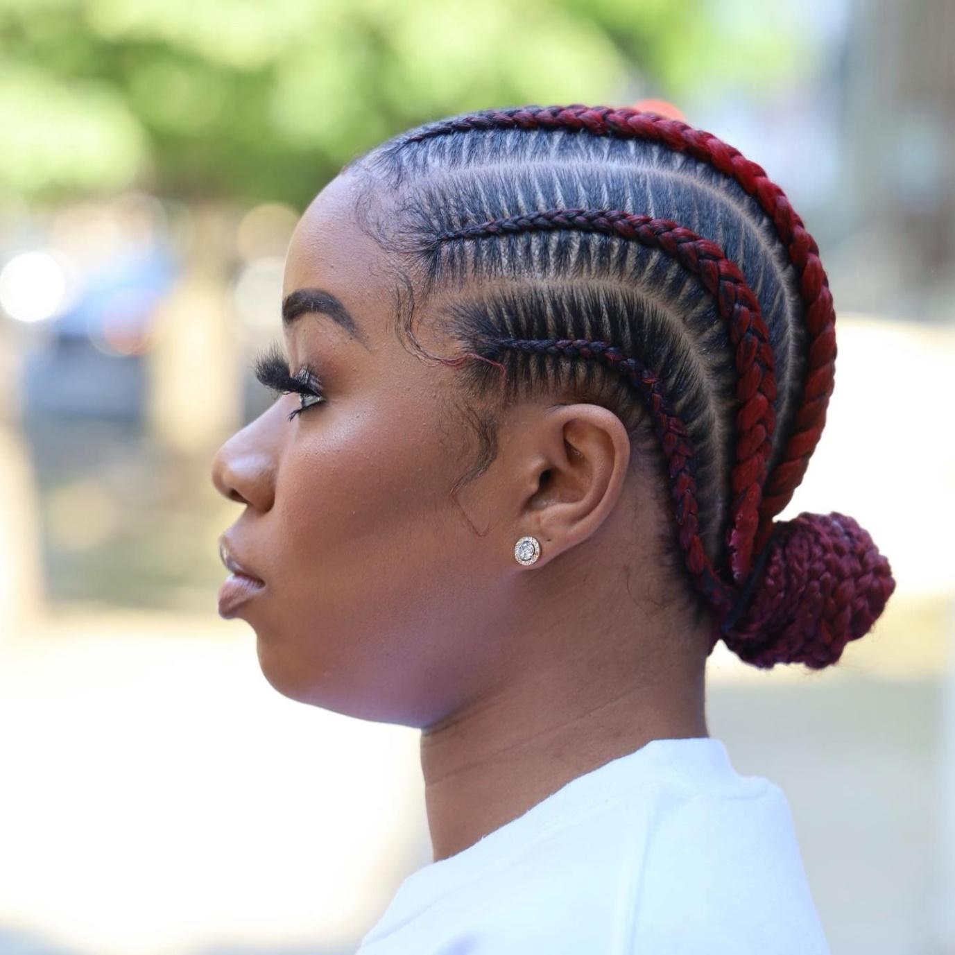 Black and Red Feed In Cornrows