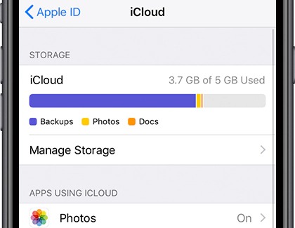 iCloud screen showing available storage space
