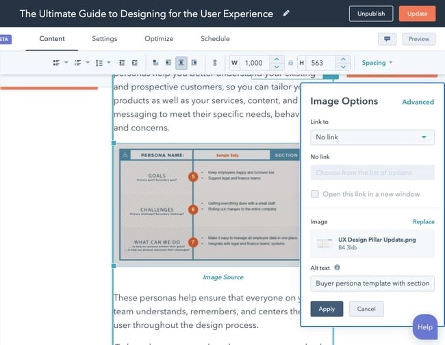 A screenshot of the HubSpot user interface showing the box where an SEO specialist would write alt text to describe an image. 