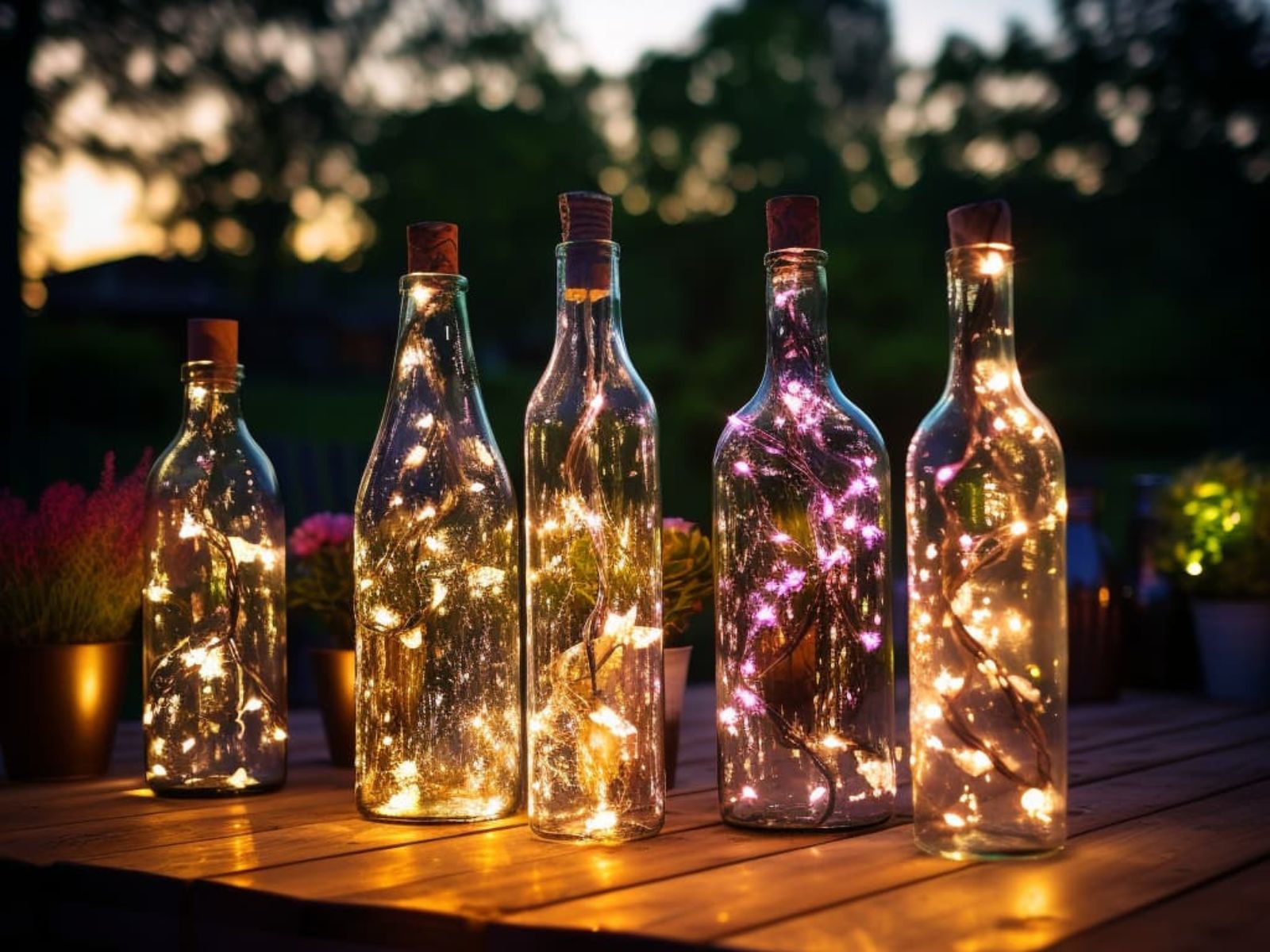 An outdoor dining table decorated with wine bottle lights