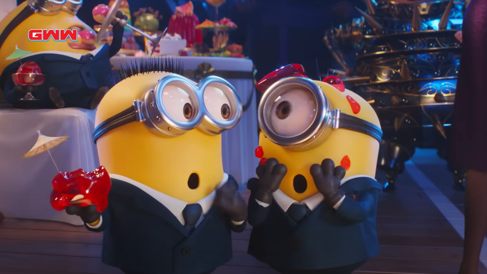two minions dressed in suits and ties stand next to each other